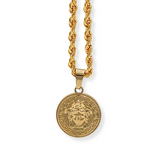 18K Gold Filled Medusa Head Medallion Rope Chain Necklace – Engraved Greek Key Coin Pendant Necklace for Men & Women