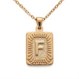 18K Gold Filled Initial Alphabet Pendant Necklace (A to Z) – Sunburst Rectangular Dog Tag Letter Necklace for Women