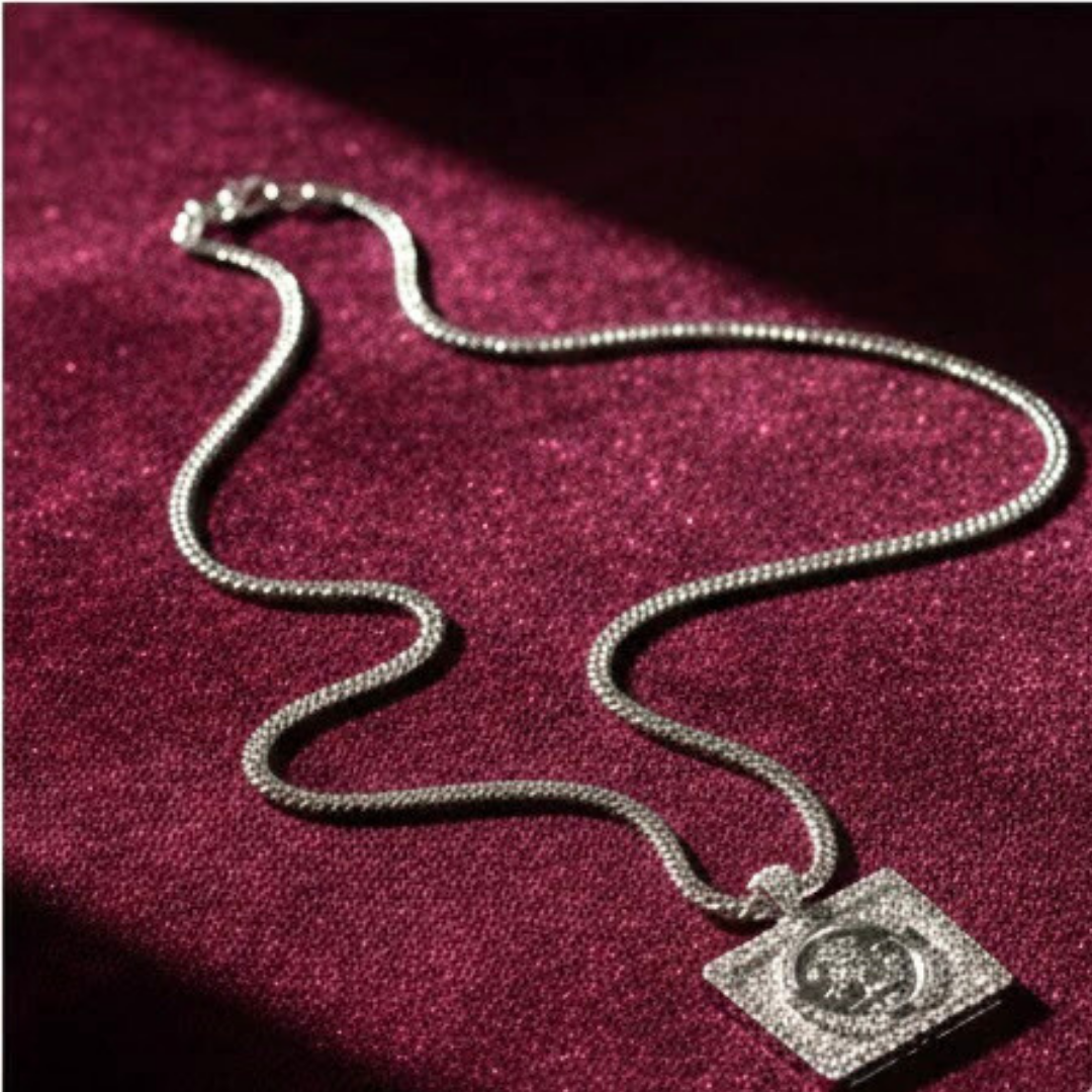 Silver Rhodium Plated Square Sovereign Pendant with CZ