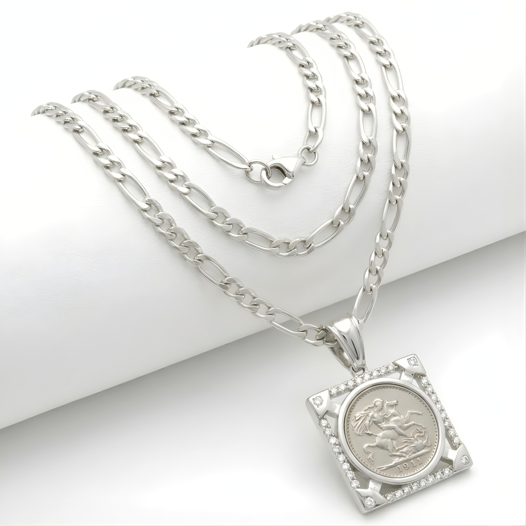 Silver Rhodium Plated Square Sovereign Pendant Necklace – 1911 St. George Coin with CZ Bezel