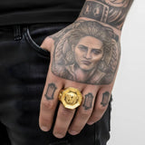 18K Gold Plated Medusa Head Octagonal Signet Ring – Greek Key Pattern Statement Ring for Men & Women