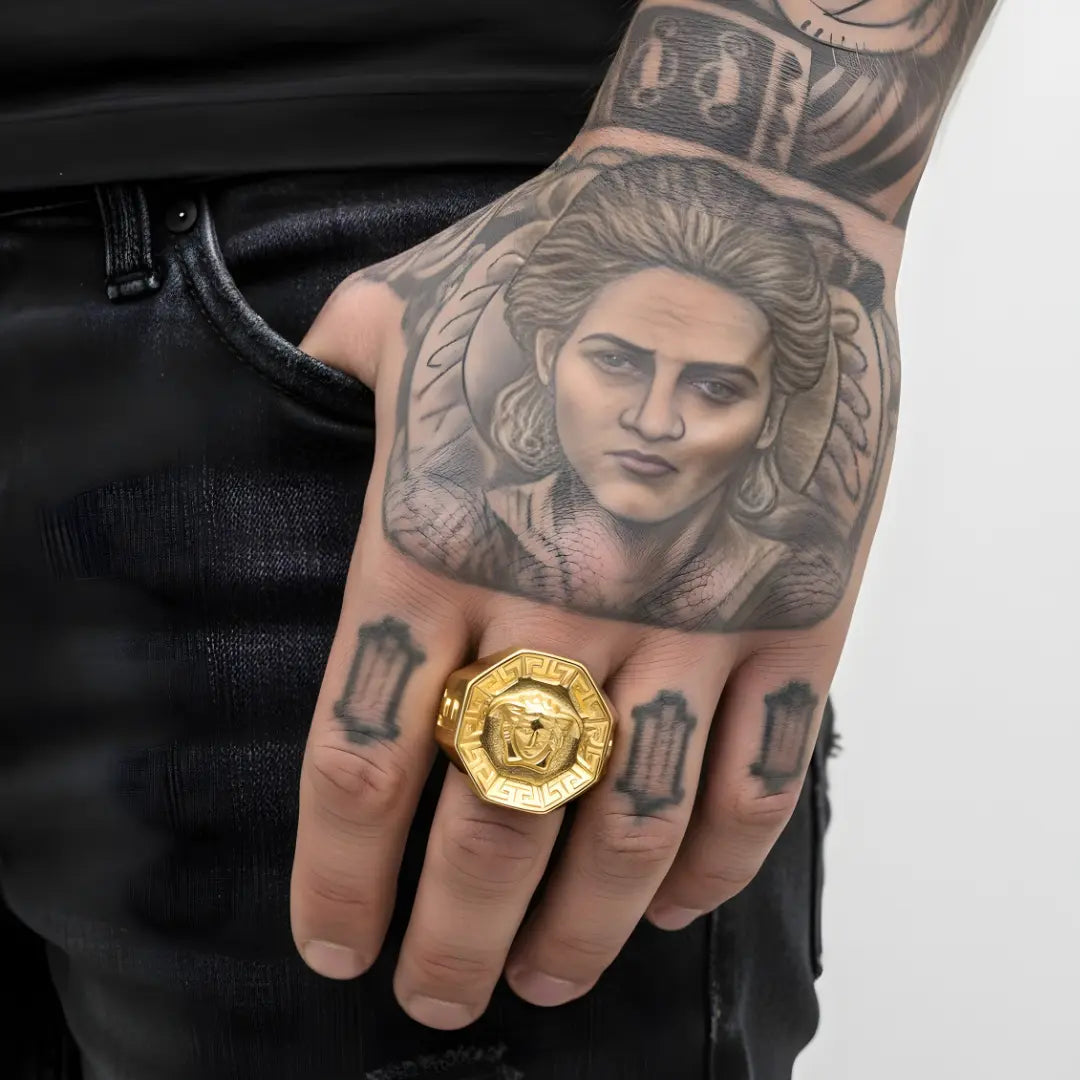 Gold Mythic Head Statement Ring