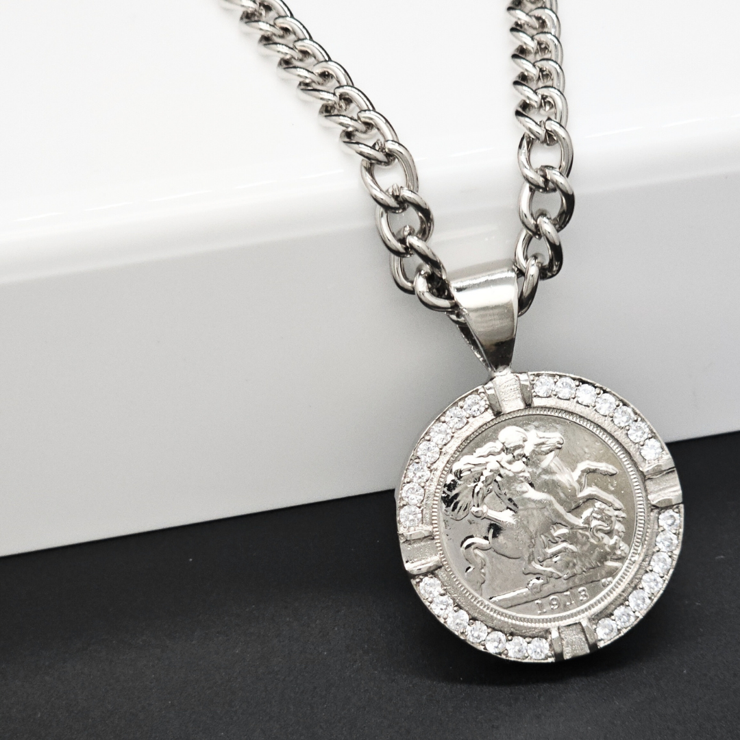 Silver  1913 Full Sovereign Pendant Necklace with CZ