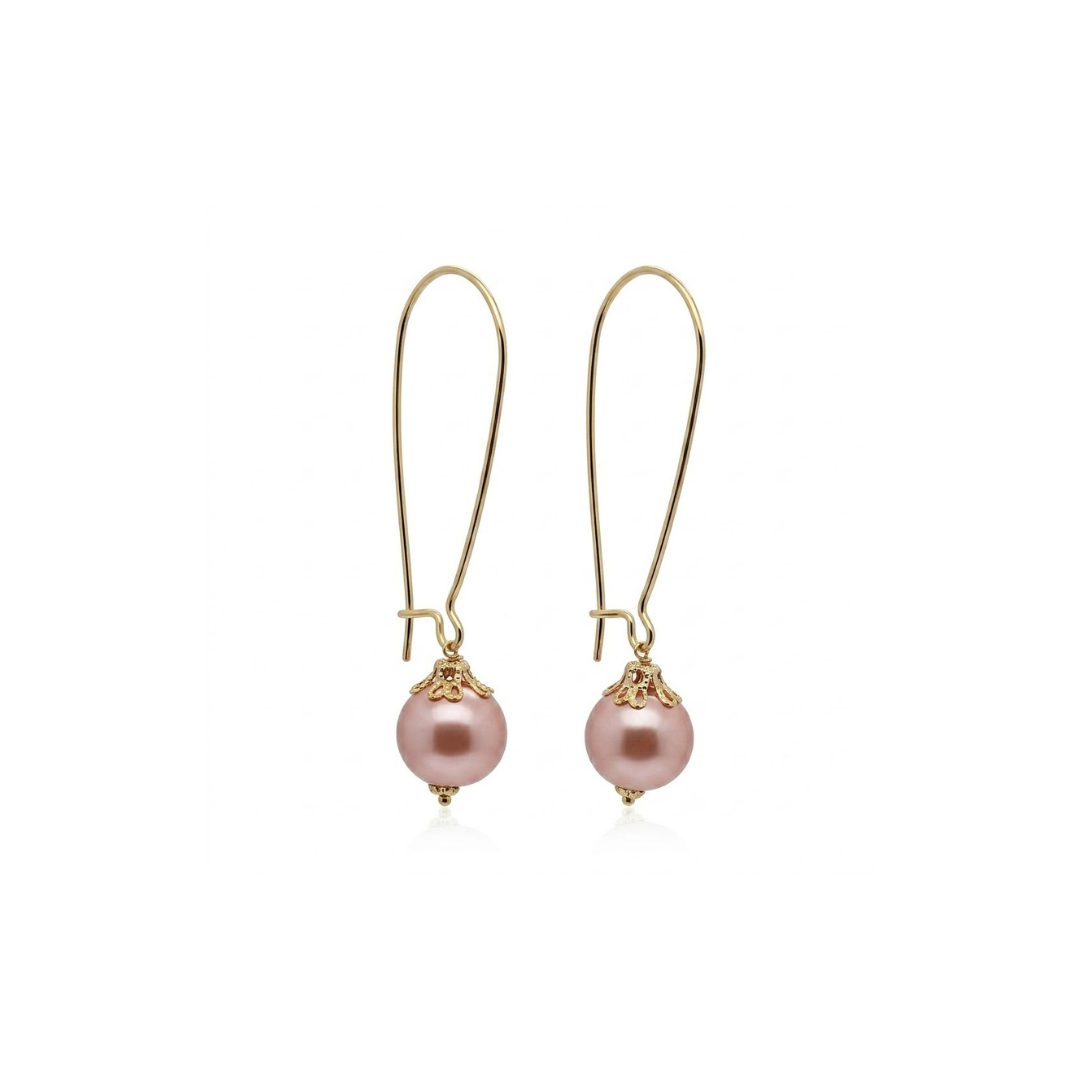 18K Gold Filled Hawaiian Long Hoop Pearl Earrings
