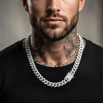 48CM X 14MM Iced-Out Miami Cuban Link Chain for Men –  Silver Pave Diamond Hip Hop Necklace with Secure Box Clasp