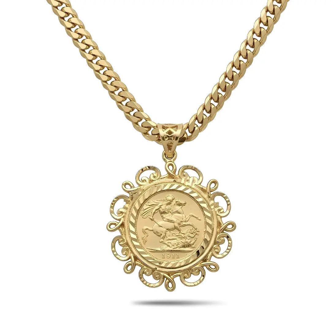 18K Gold Filled 1911 Full Sovereign Coin Pendant Necklace | Cuban Link Chain