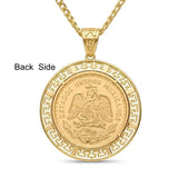 14K Gold Filled Mexican 50 Pesos Centenario Coin Pendant Necklace – 60cm 6mm Curb Chain Greek Key Medallion for Men & Women