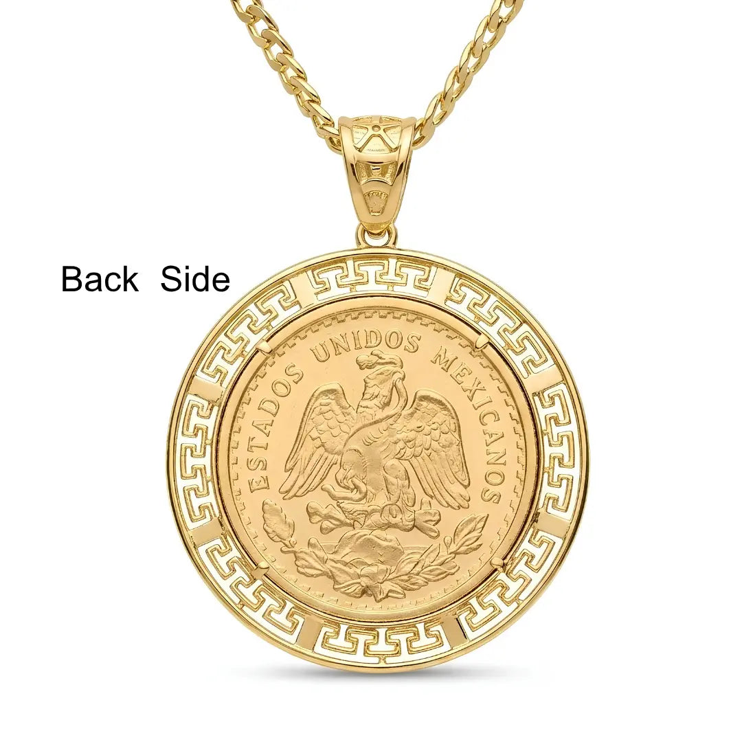 14K Gold Filled Mexican 50 Pesos Centenario Coin Pendant Necklace – 60cm 6mm Curb Chain Greek Key Medallion for Men & Women