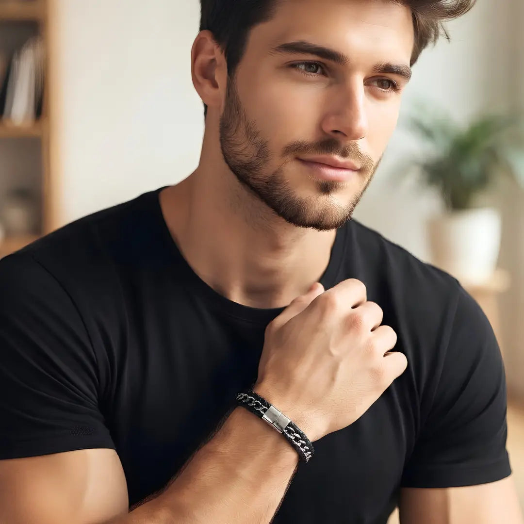 Braided Leather & Metal Chain Bracelet – 21cm 18mm Multi-Strand Stainless Steel Cuff with Magnetic Clasp for Men