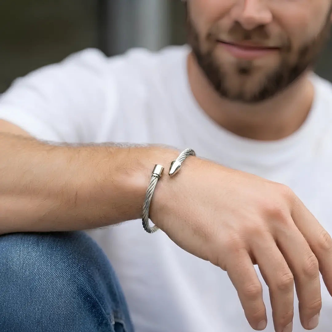 Cable Wire Cuff Bangle Bracelet with T-Bar & Conical Ends – Adjustable Tarnish-Resistant Modern Jewelry in Silver & Gold