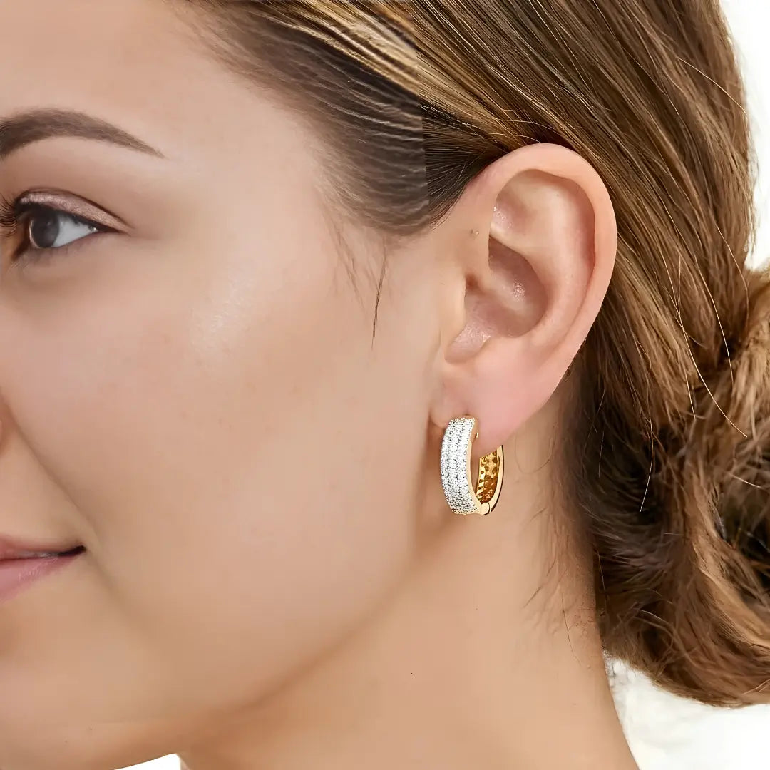 18K Gold Filled Diamond Huggie Hoop Earrings – 15mm x 15mm Pavé Crystal Click-Lock Earrings for Women