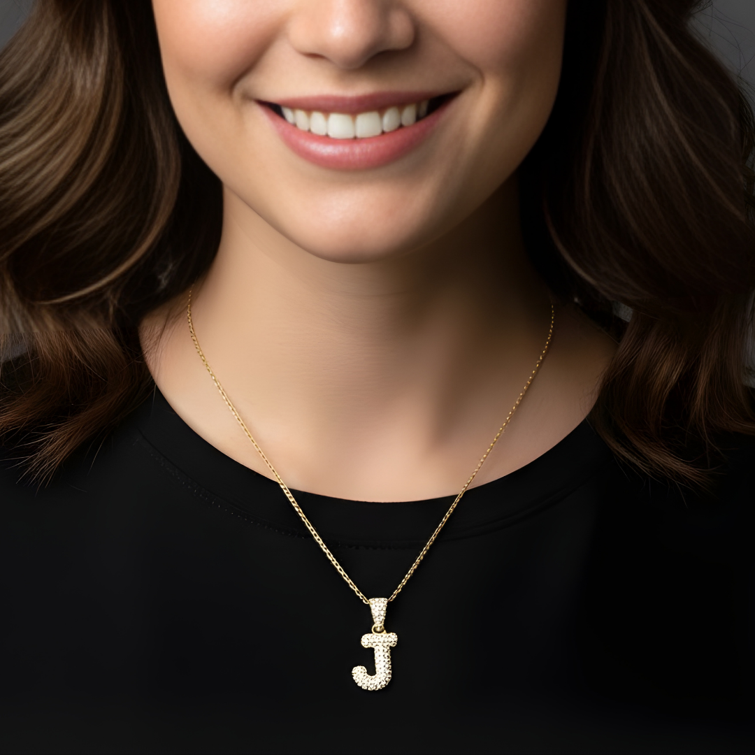 18K Gold Filled Iced Out Pavé Initial Letter Pendant Necklace – Sparkling CZ Alphabet Monogram Necklace for Women & Men