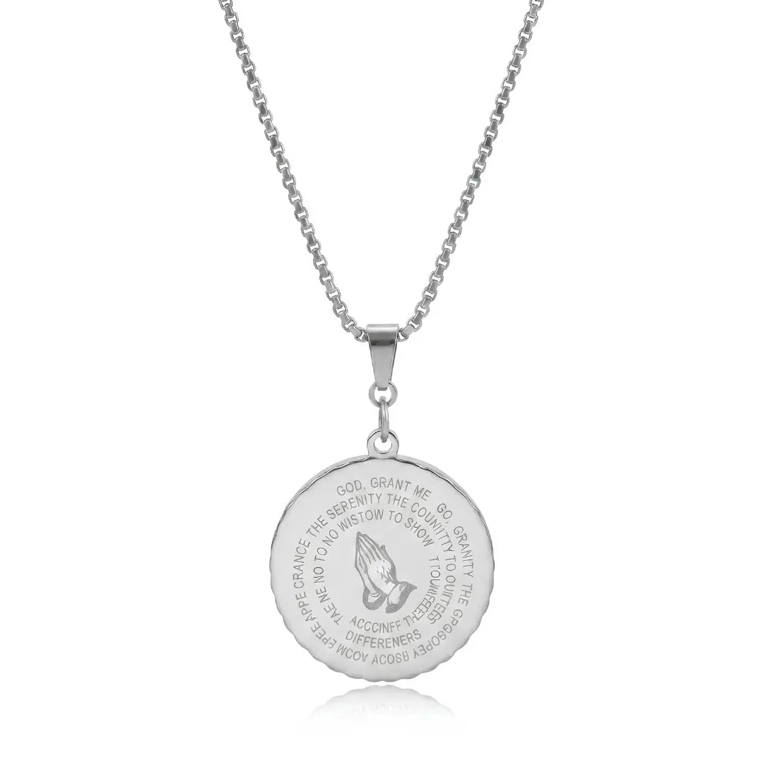 Serenity Prayer & Praying Hands Medallion Necklace (Black, Gold & Silver Tone) – 52cm Belcher Chain