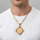 18K Gold Filled Square Sovereign Pendant Necklace with Ruby & Cubic Zirconia Accents – 60cm Figaro Chain Heritage Medallion Necklace for Men