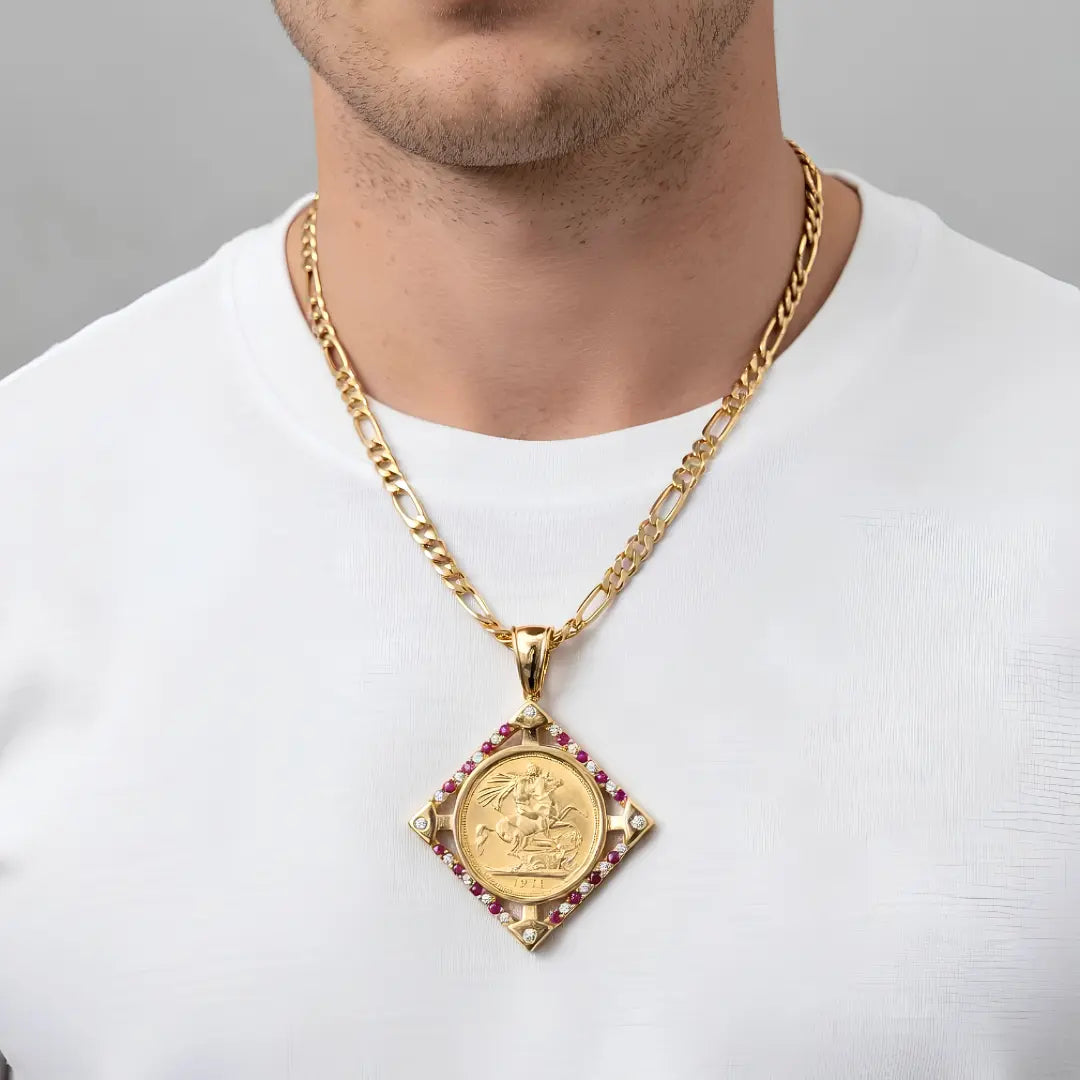 18K Gold Filled Square Sovereign Pendant Necklace with Ruby & Cubic Zirconia Accents – 60cm Figaro Chain Heritage Medallion Necklace for Men