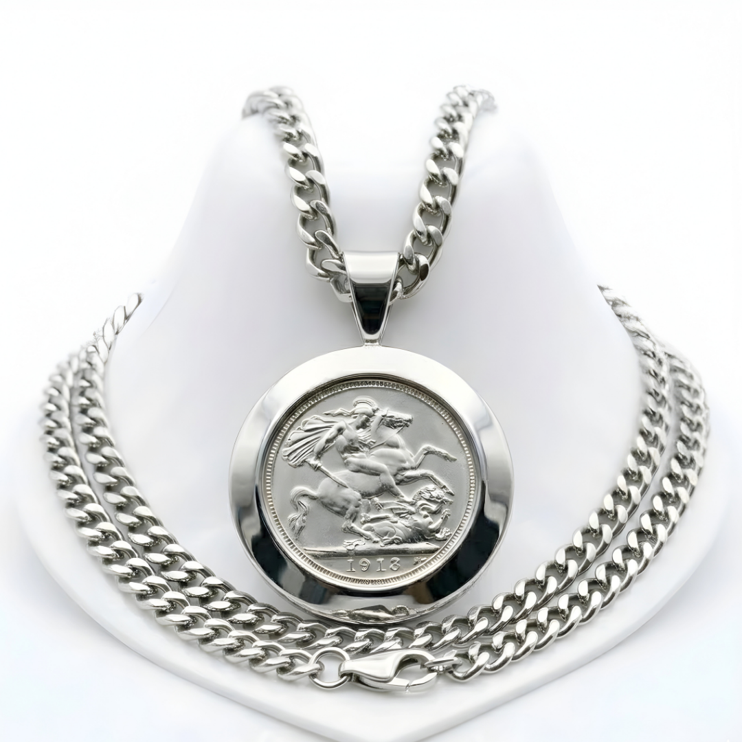 Silver Rhodium Plated Full Sovereign Pendant Necklace 1913