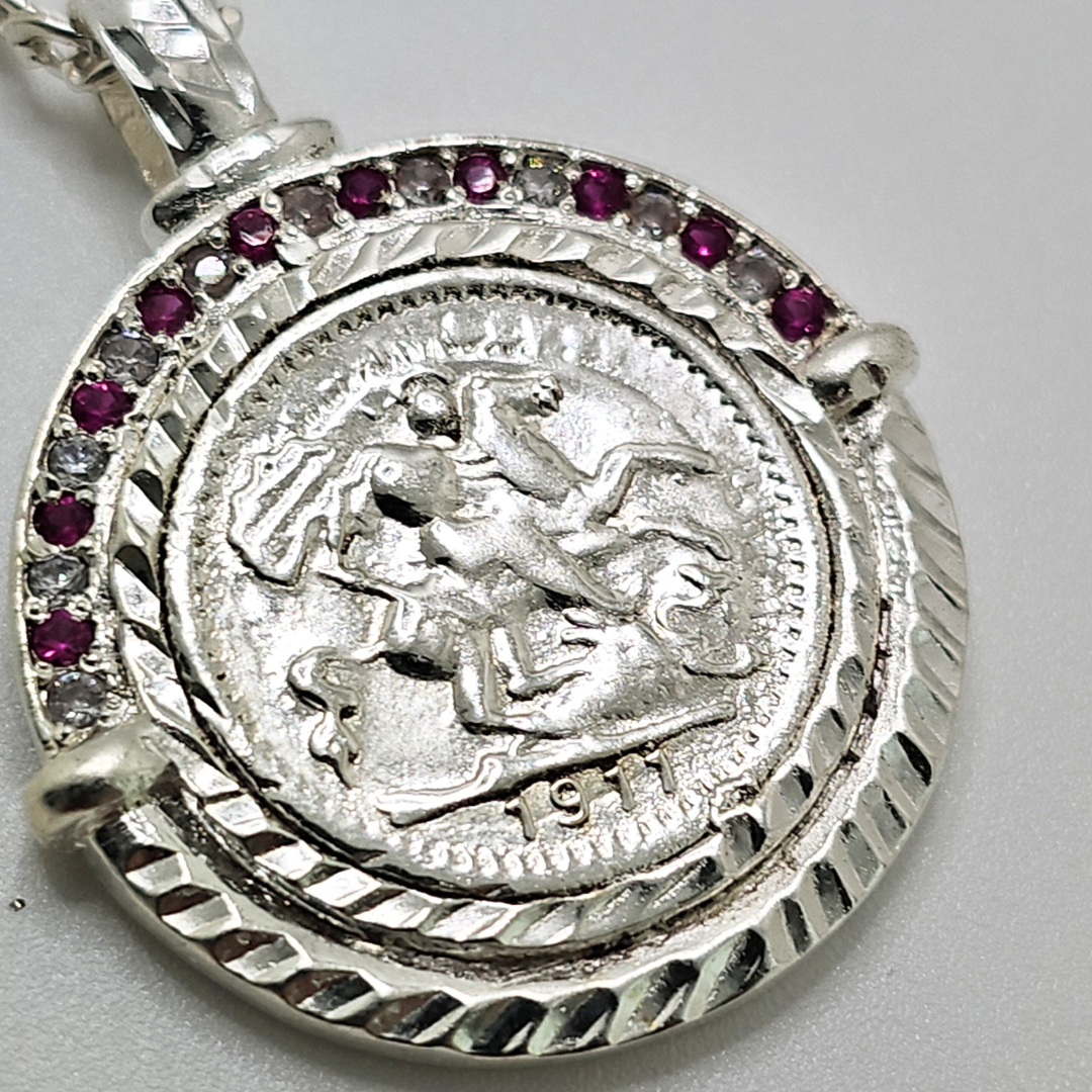 Silver Rhodium Plated Sovereign Pendant Necklace with Ruby & CZ