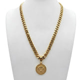 18K Gold Filled Greek Mythology Coin Medallion Pendant Necklace – Classical High-Relief Mythic Motif with Greek Key Border & Heavy 60cm x 8mm Cuban Link Chain for Men