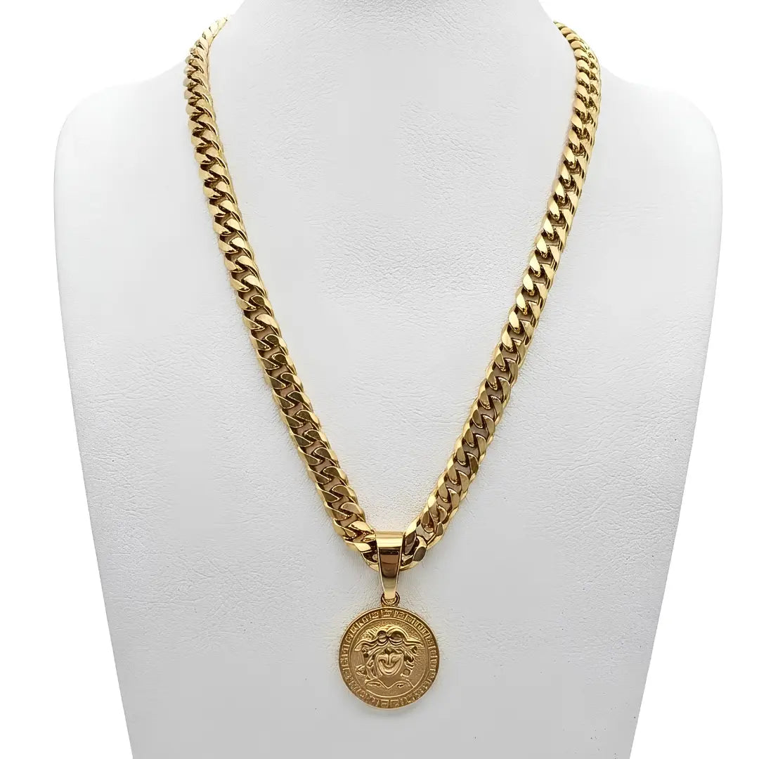 18K Gold Filled Greek Mythology Coin Medallion Pendant Necklace – Classical High-Relief Mythic Motif with Greek Key Border & Heavy 60cm x 8mm Cuban Link Chain for Men