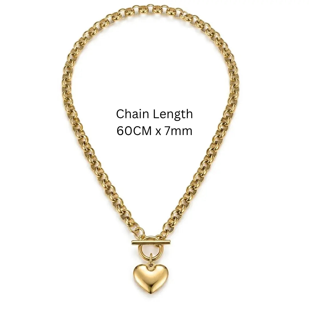 14K Gold Filled Heart Pendant Toggle Clasp Jewelry Set | Tarnish Proof Rolo Chain Necklace, Bracelet & Hoop Earrings