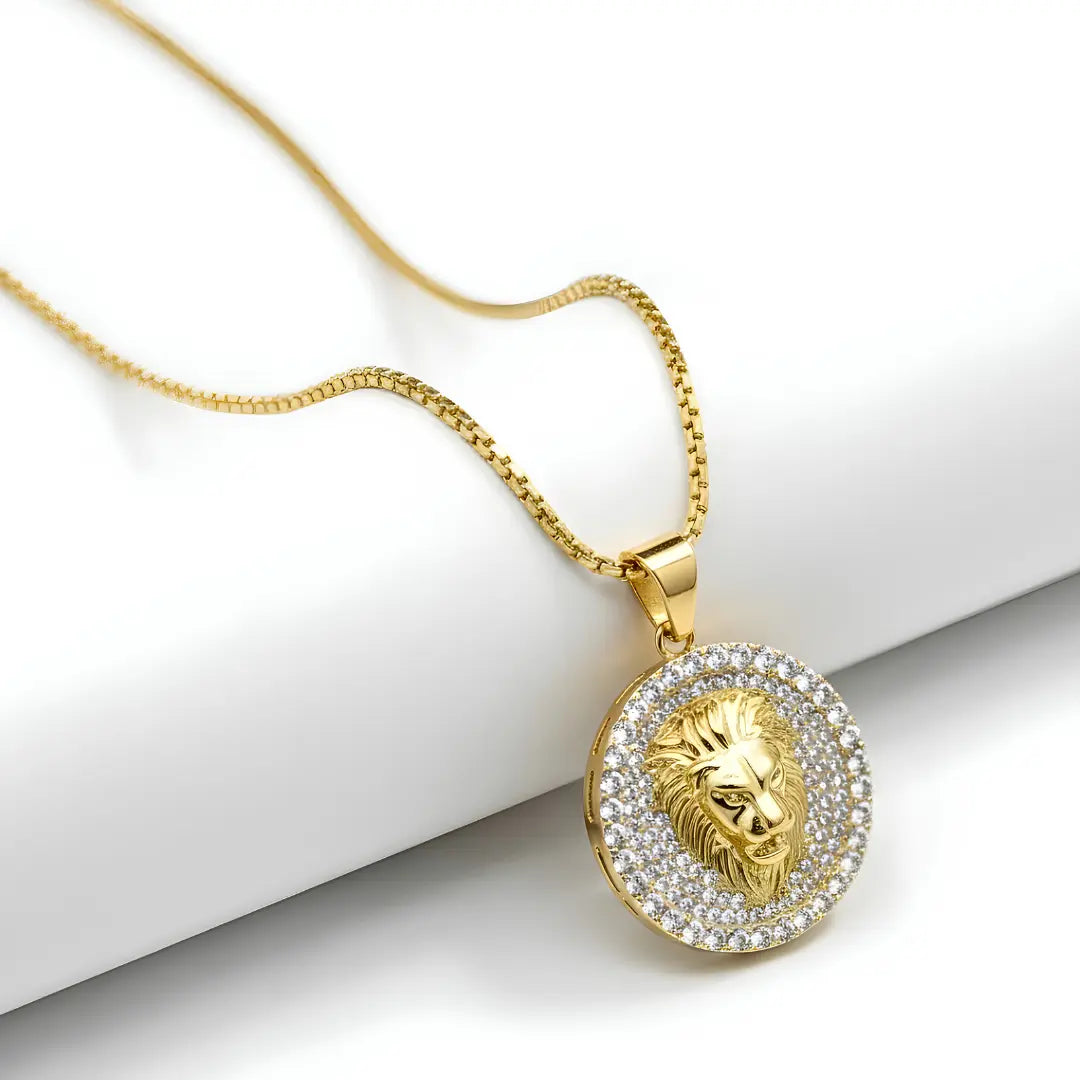 65CM x 3MM 18K Gold Filled Lion Head Medallion Pendant Necklace with Iced Crystal Halo &  Box Chain – Tarnish-Proof Statement Jewelry