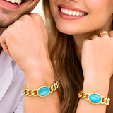 22CM X 12MM 18K Gold Filled Tarnish-Proof Cuban Link Chain Bracelet with Turquoise Oval Stone