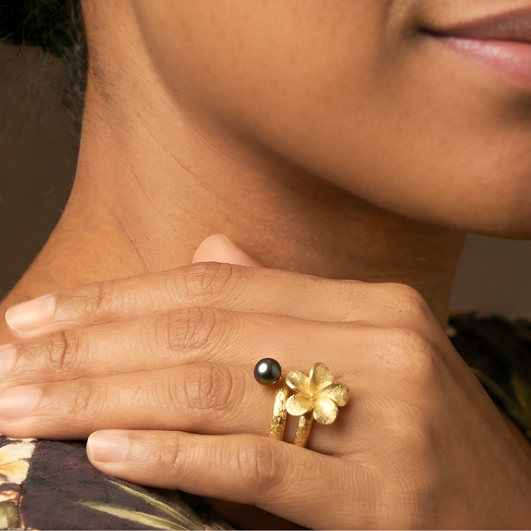 18K Gold Filled Hawaiian Plumeria Ring with Black Pearl
