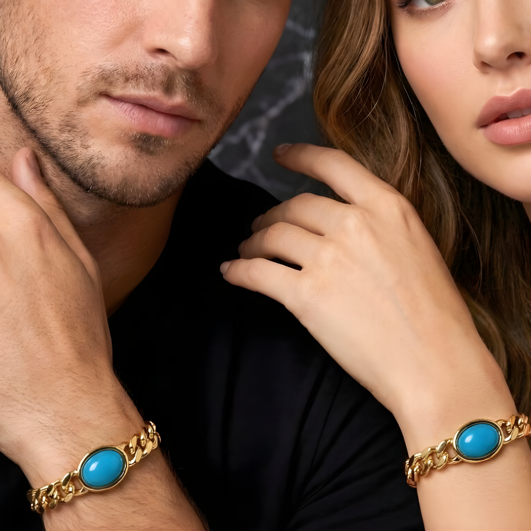 18K Gold Filled Curb Cuban Link Turquois  Bracelet