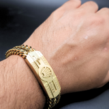 18K Gold Filled Crown Insignia ID Bar Franco Chain Bracelet – Embossed Crown & Logo Woven Mesh Bracelet for Men