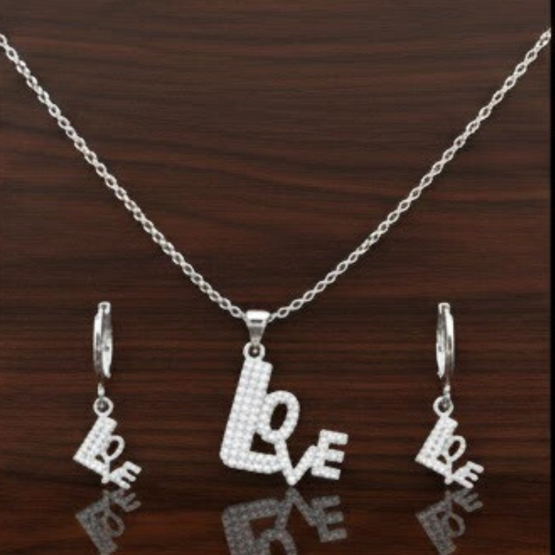 18K Rose Gold Filled LOVE Pendant Necklace With Earrings