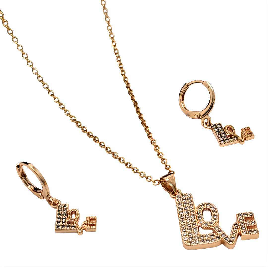 18K Rose Gold Filled LOVE Pendant Necklace With Earrings