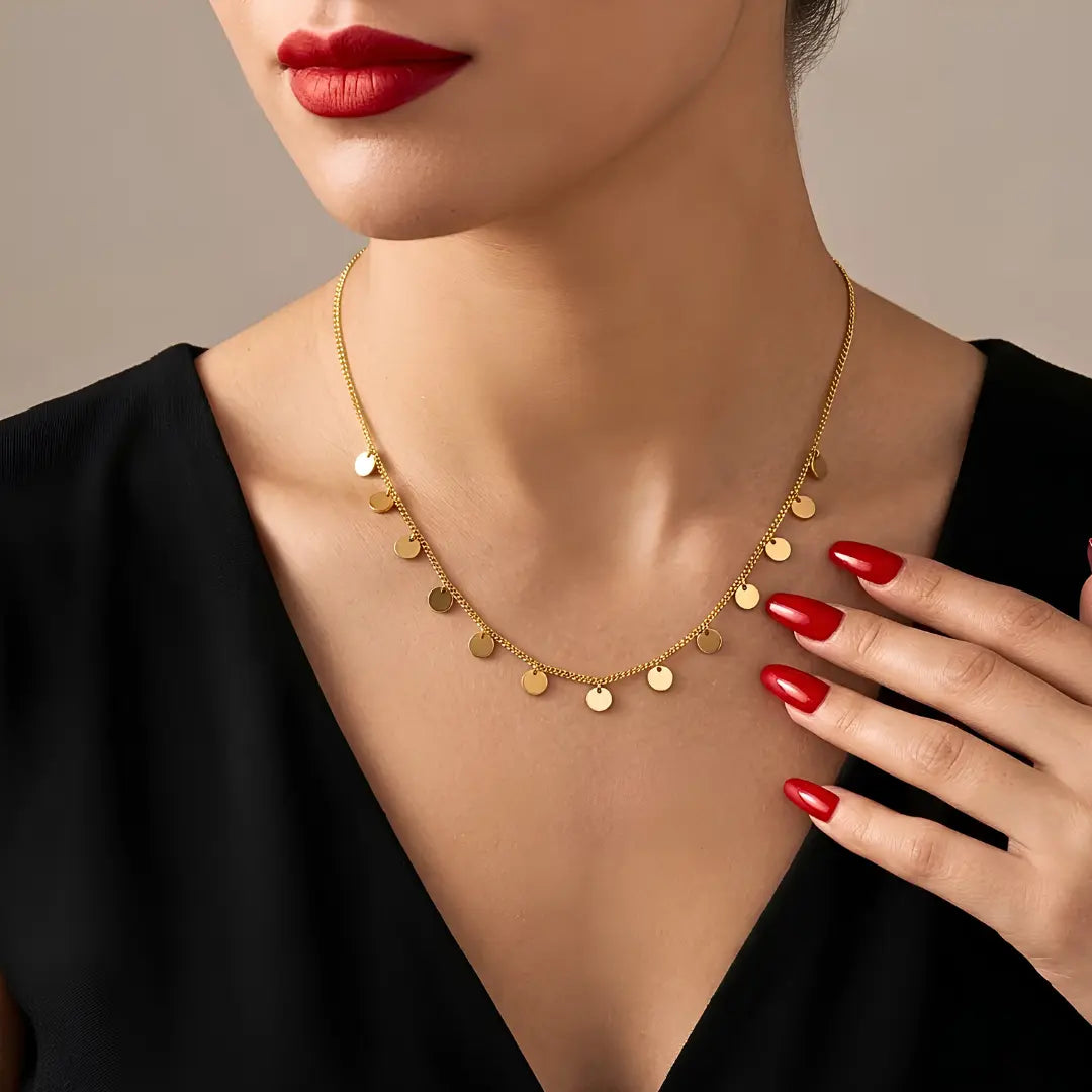 18K Gold Filled Disc Drop Choker Necklace – Tarnish-Proof Dangle Coin Charm Necklace