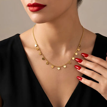 18K Gold Filled Disc Drop Choker Necklace – Tarnish-Proof Dangle Coin Charm Necklace