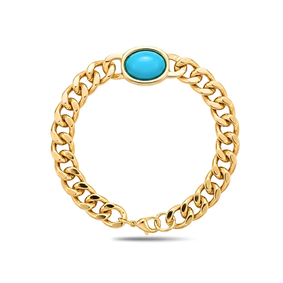 22CM X 12MM 18K Gold Filled Tarnish-Proof Cuban Link Chain Bracelet with Turquoise Oval Stone