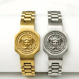 18K Gold Filled & Silver Medusa Head President Link Bracelet – Engraved Coin Emblem Watchband Chain Bracelet for Men & Women