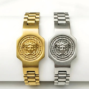 18K Gold Filled & Silver Medusa Head President Link Bracelet – Engraved Coin Emblem Watchband Chain Bracelet for Men & Women
