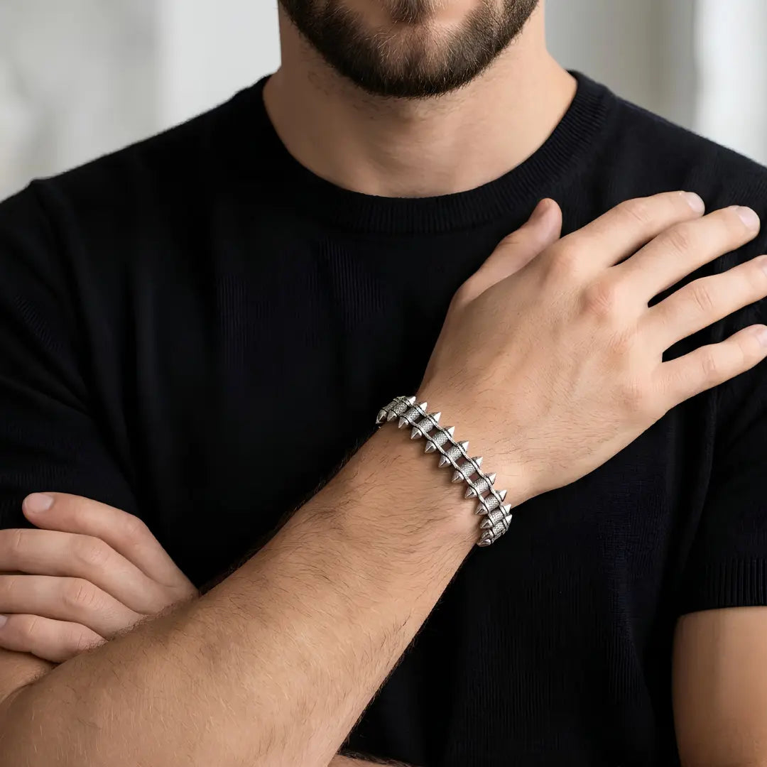 Geometric Spike Mesh Bracelet – 21cm 18mm Dual-Spike Link Punk Statement Cuff in Gold, Black & Silver for Men