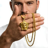 18K Gold Filled Men's Detailed Head Pendant Necklace – 25mm Medallion with 60cm Rope Chain
