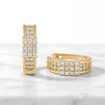 18K Gold Filled Reversible Triple-Row Pavé CZ Huggie Earrings – 18mm 2-in-1 Oval Hoop Earrings for Women