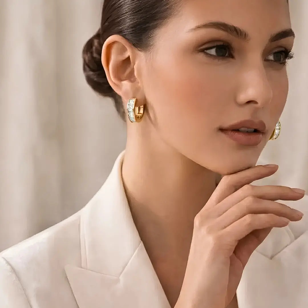 18K Gold Filled Baguette Crystal Huggie Hoop Earrings – 15mm x 15mm Polished Geometric Click-Lock Earrings for Women
