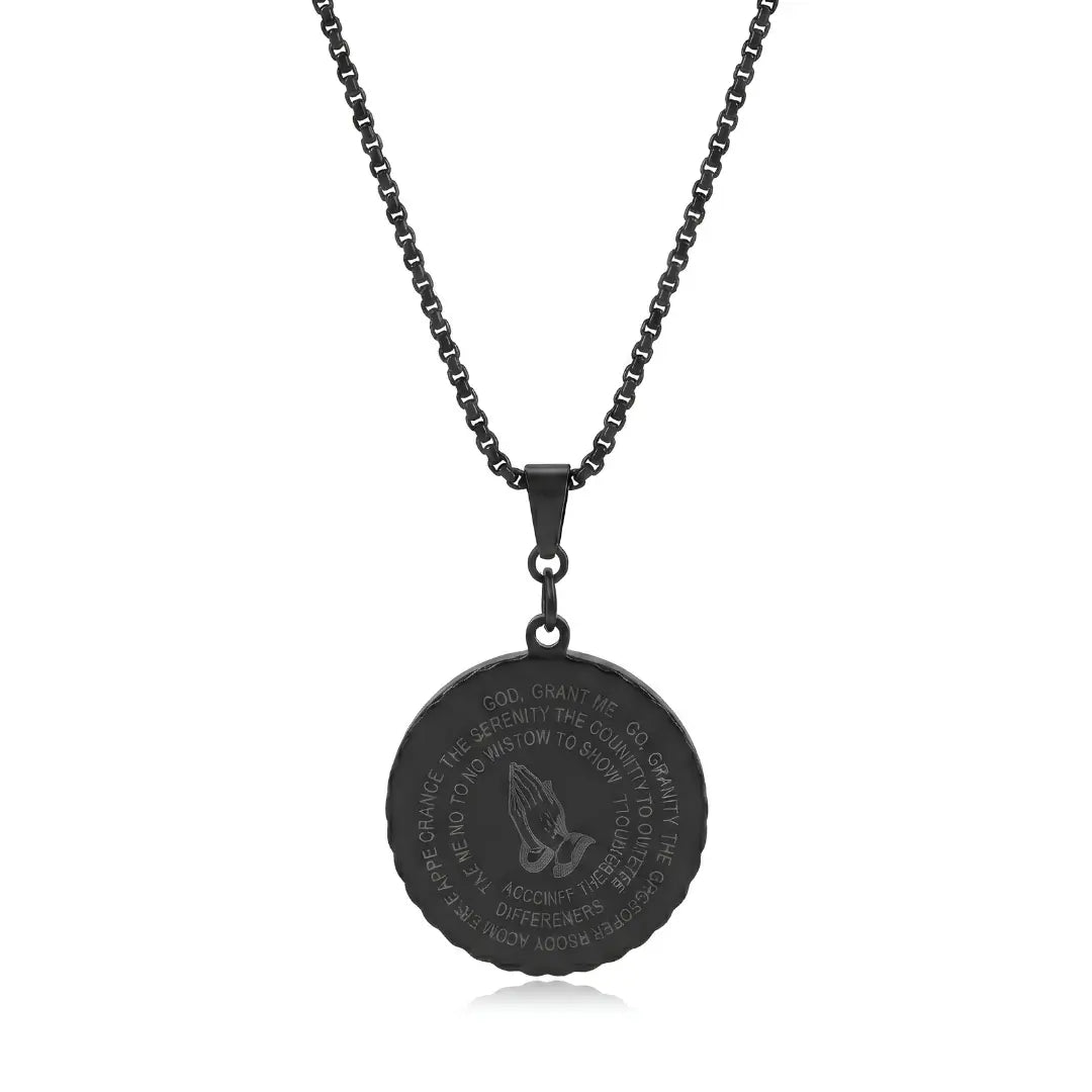 Serenity Prayer & Praying Hands Medallion Necklace (Black, Gold & Silver Tone) – 52cm Belcher Chain