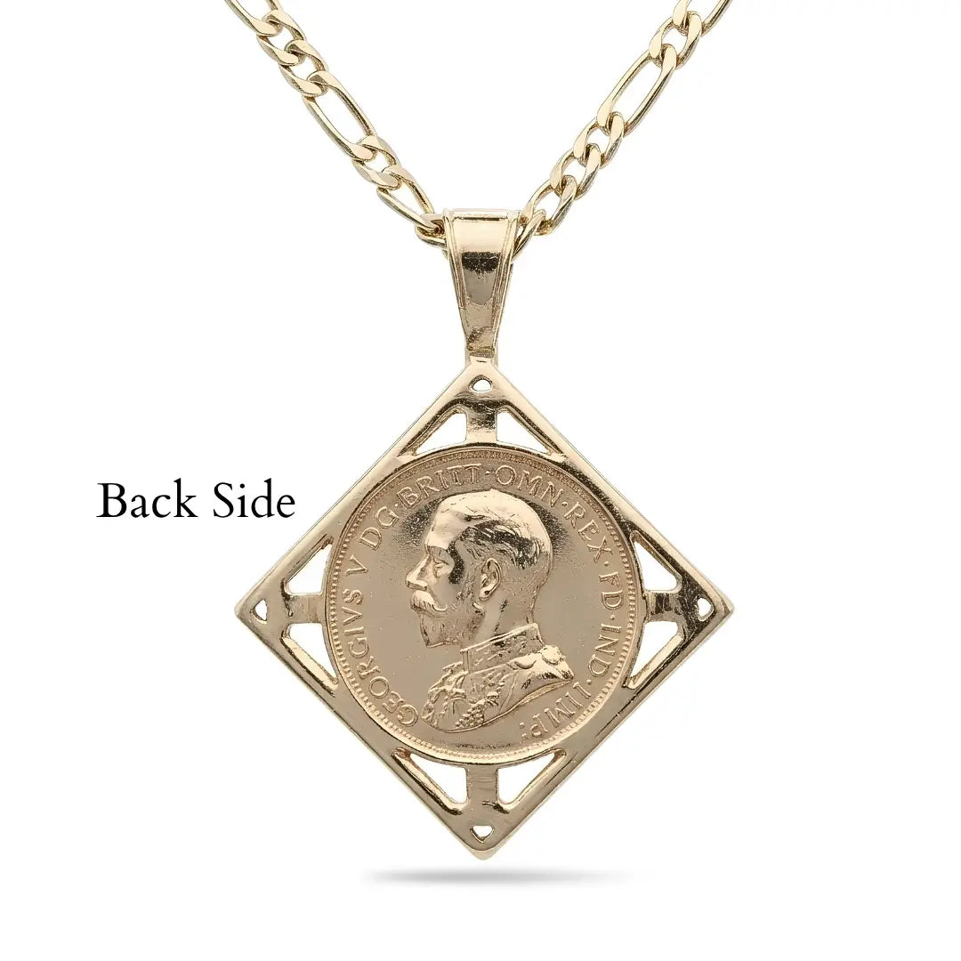 18K Gold Filled Square Sovereign Pendant Necklace with Ruby & Cubic Zirconia Accents – 60cm Figaro Chain Heritage Medallion Necklace for Men