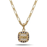 18K Gold Filled "KING" Inset Sovereign Pendant Necklace – 20mm x 20mm Chiseled Square Medallion with Deep Shadow Inset, Pavé Halo & 60cm+5cm Figaro Chain for Men