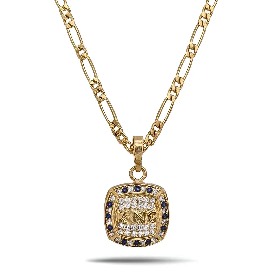 18K Gold Filled "KING" Inset Sovereign Pendant Necklace – 20mm x 20mm Chiseled Square Medallion with Deep Shadow Inset, Pavé Halo & 60cm+5cm Figaro Chain for Men