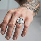Silver Rhodium Plated Mythic Head Statement Ring – Sculpted High-Relief Figural Ring for Men