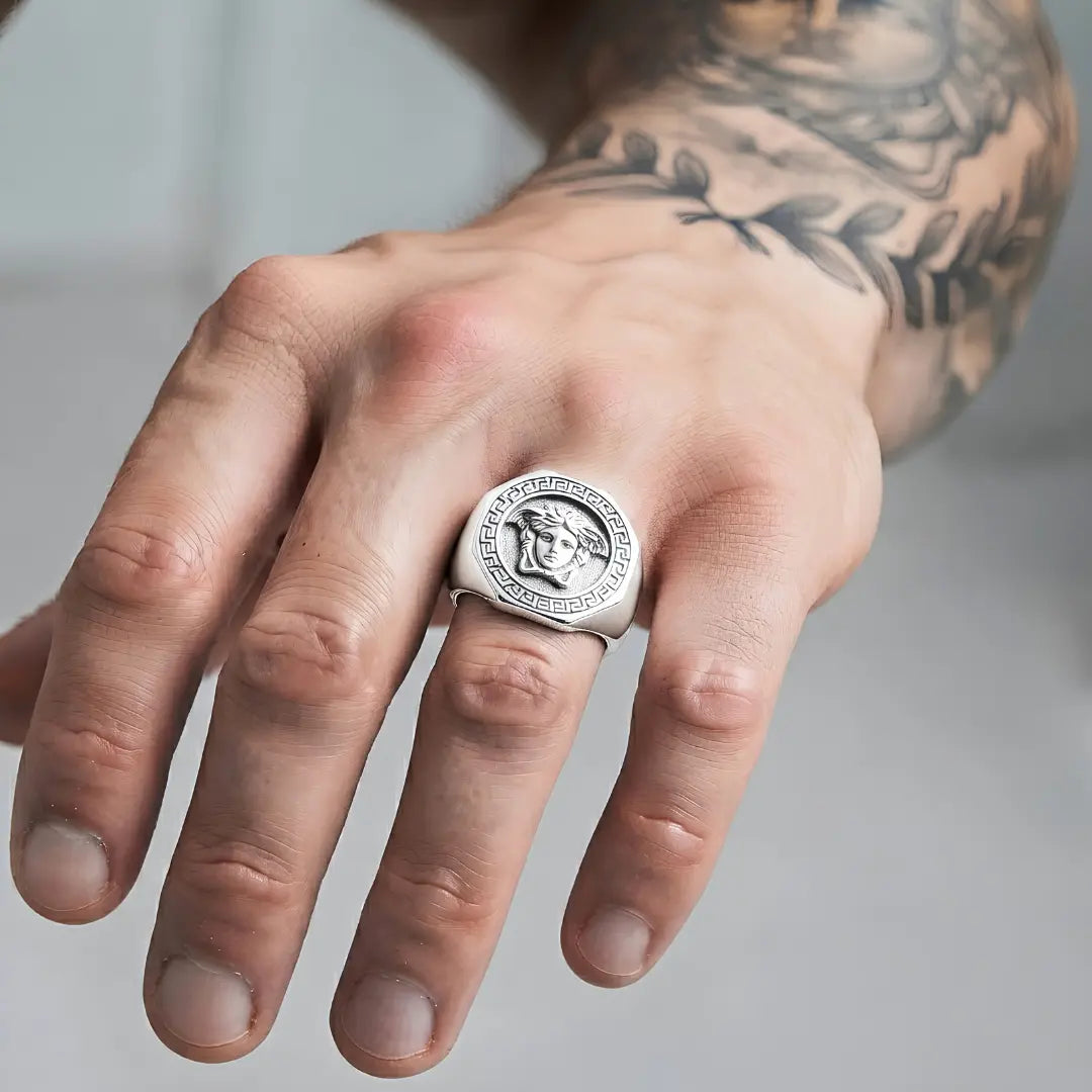 Silver Rhodium Plated Mythic Head Statement Ring – Sculpted High-Relief Figural Ring for Men