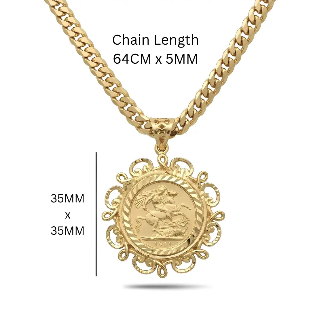 18K Gold Filled 1911 Full Sovereign Coin Pendant Necklace | Cuban Link Chain