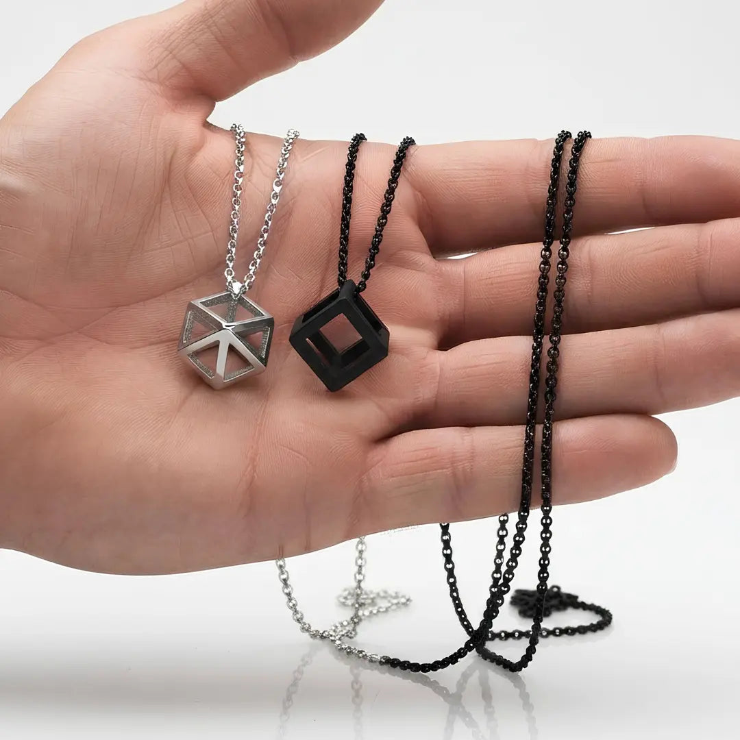 Geometric Cube Pendant Necklace – 60cm 3mm Curb Chain in Silver & Black