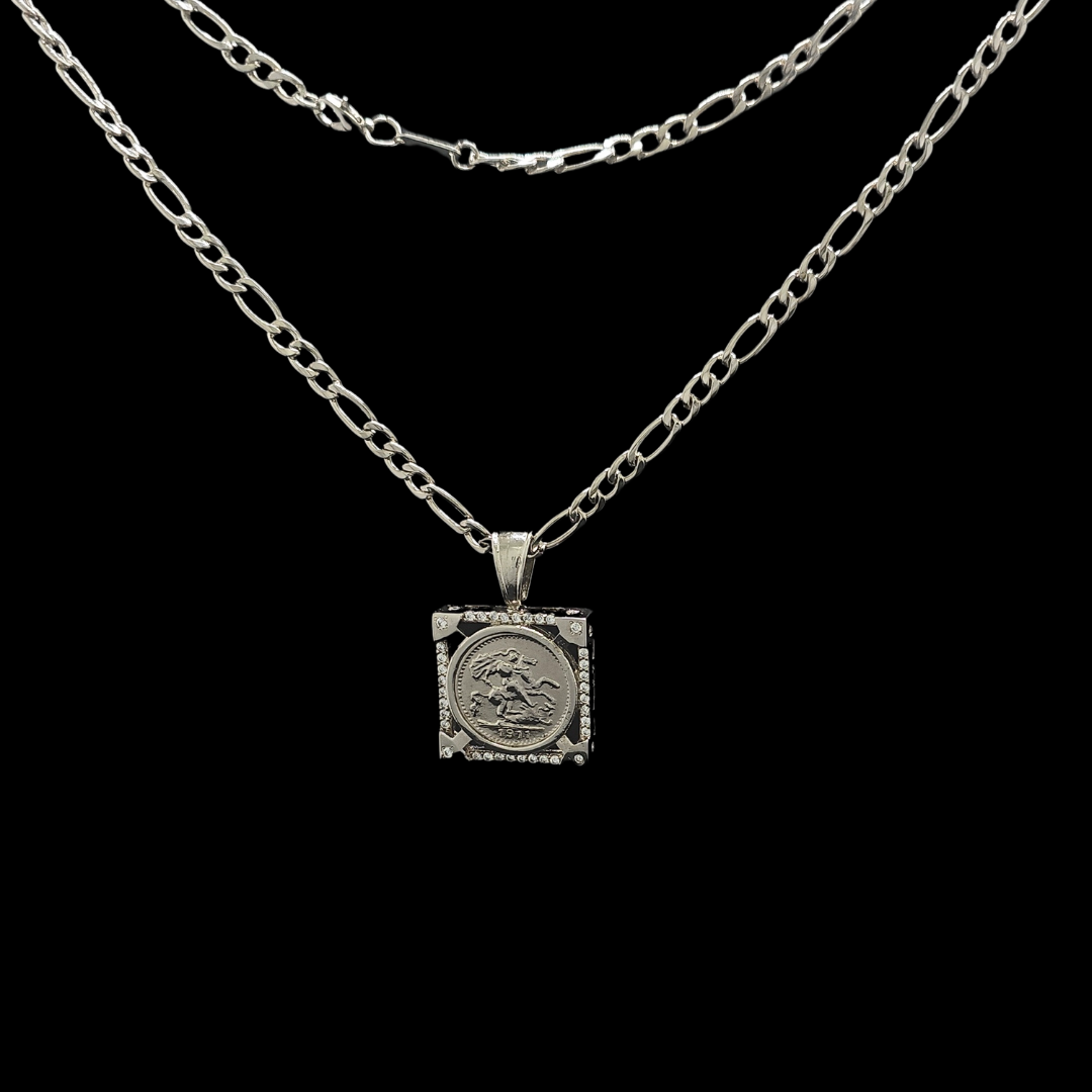 Silver Rhodium Plated Square Sovereign Pendant Necklace