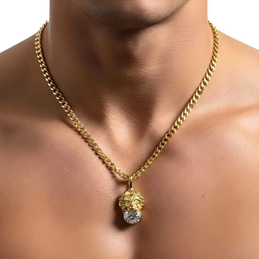 18K Gold Filled Lion Head Necklace – Tarnish-Proof Cuban Link Chain with Ruby & Zirconia Pendant Options